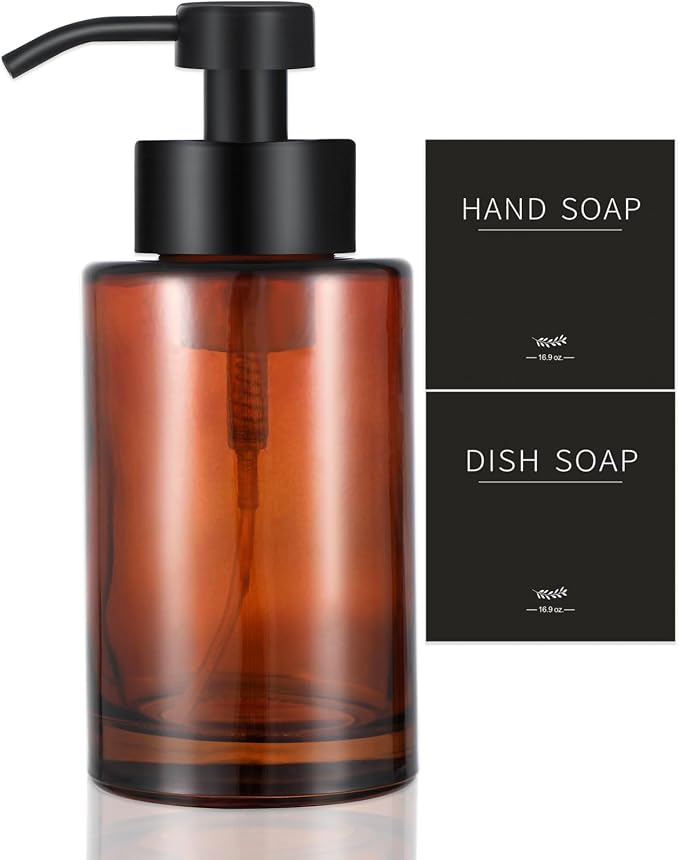 Glass Foaming Soap Dispenser Set with 304 Stainless Steel Pump 12oz Brown | Rust Proof Black Pump, Sturdy, Empty Foam Bottle with Waterproof Labels for Bathroom Decor Kitchen Colleage Dorm