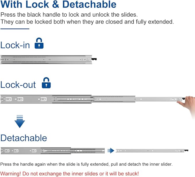 VADANIA #D51 32" Heavy Duty Locking Drawer Slide with Lock, 1-Pair | 150lb Load Capacity, 3-Fold Full Extension, Detachable, Ball Bearing Lock-in & Lock-Out, Side Mount