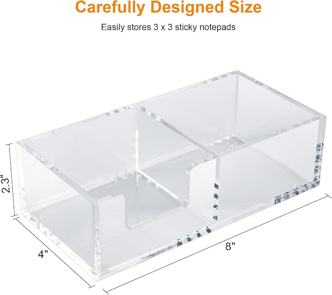 Acrylic 2in1 Sticky Note Holder Desk Organizer for 3"X3" Memo | Dual compartment layout, Compact space-saving design, Stable anti-slip base,Multi-scene daily storage