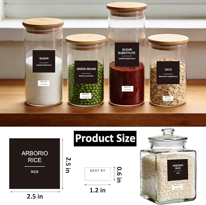 300pcs Pantry Labels for Food Containers, Preprinted Minimalist Waterproof Stickers Removable Black Kitchen Food Labels Expiration Date Labels for Organizing Storage Bins Jars Bottles Boxes