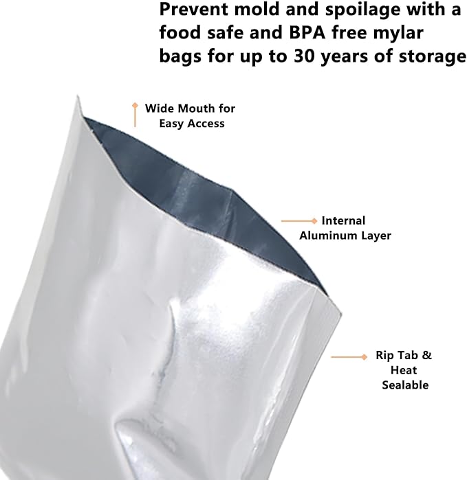 Heat Sealable Mylar Food Storage Bag,ULIFESTAR 5.5Mil Thicker Food Storage Pouches Oxygen Absorbers Vacuum Seal Airtight Packaging for Coffee Beans, Tea, Grains, etc(18 * 26cm/7.09 * 10.24'')