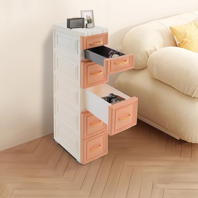 Storage Cabinet, 6 Drawers Narrow Plastic Organizer Cabinet with Wheels, Vertical Drawer Storage Unit, Mobile Slim Utility Furniture for Office, Living Room, Bedroom, Garage (Khaki)