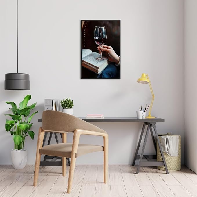 Wine and Book Girl Reading With Drink Art Aesthetic Poster Canvas Wall Art Decoration Living Room Home Decor Bedroom Decoration Poster black framed24x36inch