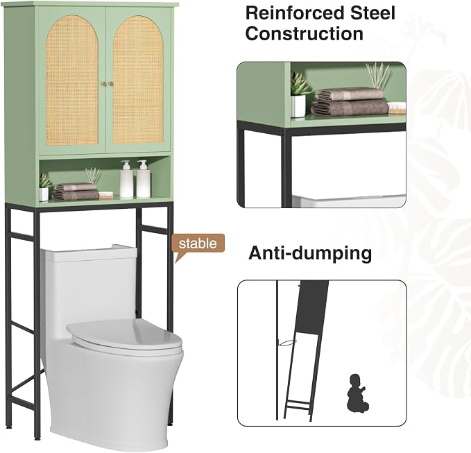 Befrases Rattan Toilet Storage Cabinet, Over the Rack Wood Cabinet with Metal Stand, Bathroom Organizer with Adjustable Shelf, Space Saving Cupboard for Small Bathrooms, Washer Shelf, Green