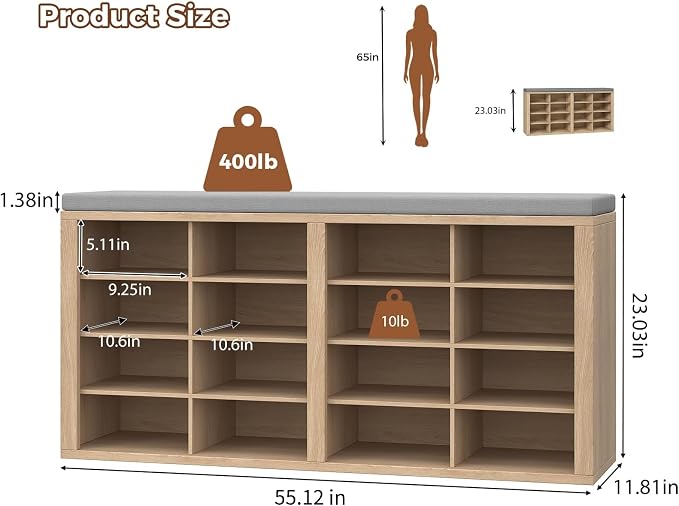 Shoe Storage Bench with Cushion Shoe Rack for Entryway 16 Cubby Multifunctional Organizer Bench Entryway with Soft Sponge Cushion for Hallway Living Room Bedroom (Wood & Light Gray)