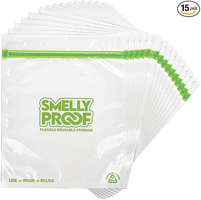Smelly Proof Reusable Food Storage Bags, Reusable Freezer Bags, MADE IN USA, Dishwasher-Safe, BPA FREE, NO PEVA, XL 3-mil, Extra Large Clear FLAT 10.5" x 12" GALLON, 15-Pack