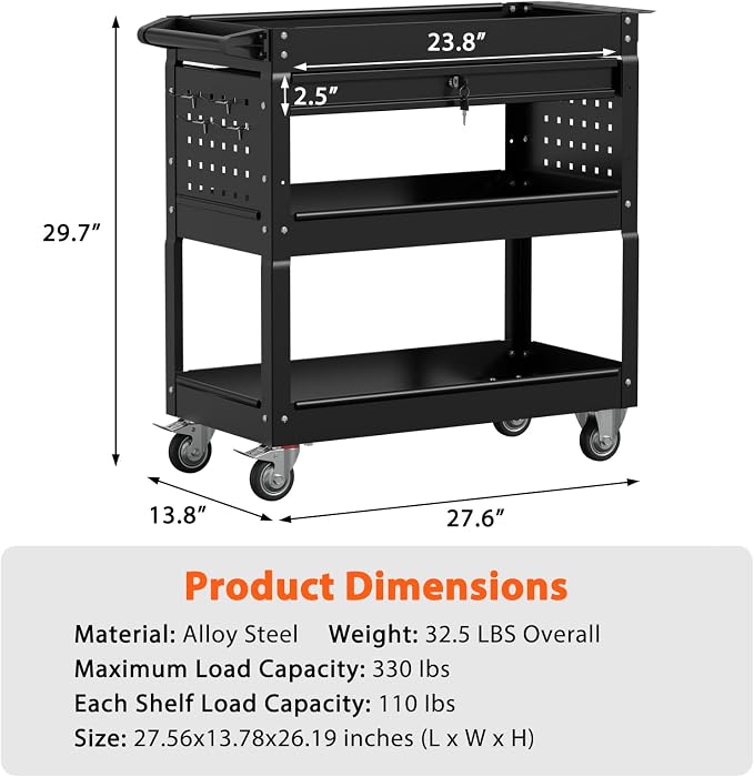 3 Tier Heavy Duty Rolling Tool Cart with Drawers, Large Storage Utility Cart on Wheels for Garage, Warehouse, Repair Shop (Black)