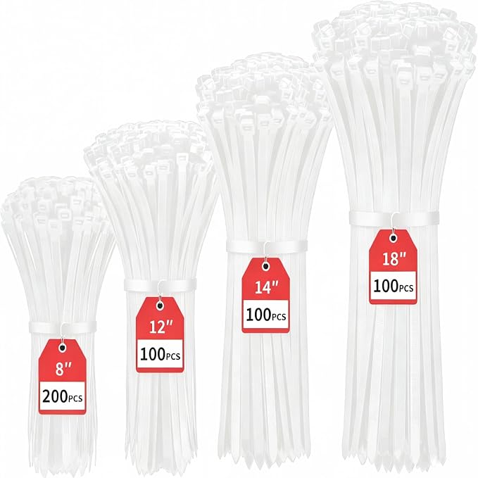BethTie 500 Pack White Zip Ties Assorted Sizes 8"+12"+14"+18" 220 LBS