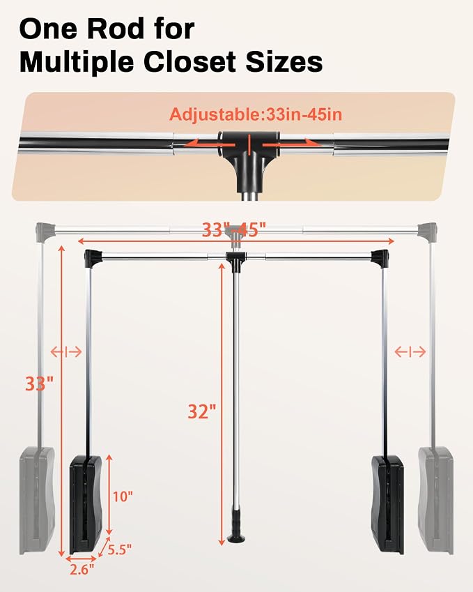 Pull Down Closet Rod, 33–45 in Adjustable, 44 lbs Capacity | Polished Metal Surface, Two-Way Buffering System, Smooth Pull-Down Access, Side-Mounted Design, Space-Saving Closet Organizer