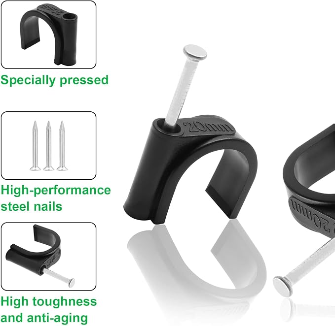 Half Clamp J-Hook with Nail, 3/4" / 20mm, Black, 50pcs | Cable Clips, Ethernet Cable Nails Tacks Clips, Nail in Design