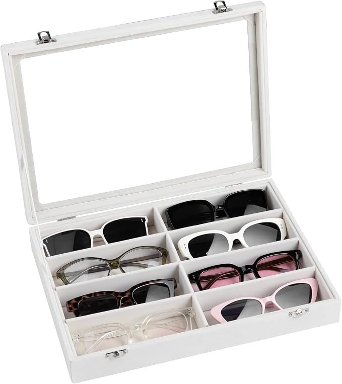 Frebeauty 8-Slot Sunglass Organizer,Velvet Sunglass Holder with Clear Lid | Vanity Glass Holder,Sunglass Case For Multiple Sunglass,Sunglass Tray for Drawer,Sunglass Box for Women,Eyeglass Organizer
