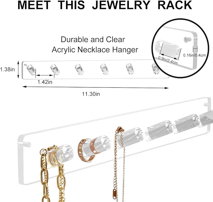 AITEE Acrylic Necklace Holder Organizer Wall Mounted with 6 Hooks, 4 PACK | 11.3x1.38, prevents tangles, hangs necklace, jewelry, bangles, bracelets, rings, for home, best gifts for girls and women