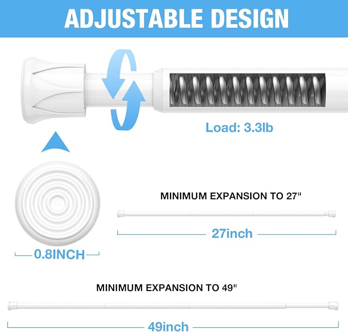 6 Pack Spring Tension Curtain Rods 28-48 Inches,5/8" Diameter White Spring Load Adjustable Expandable,Small Short Tension Curtain Rod for Windows,Kitchen,Doorway,Bathroom,Cupboard Bars