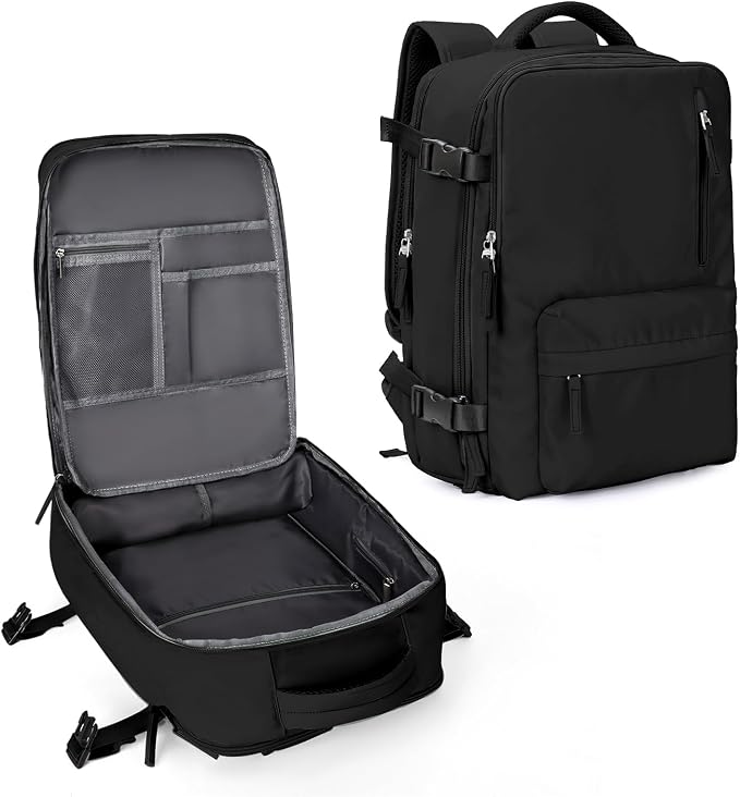 Large Travel Backpack Women Carry On Hiking Backpack Waterproof Outdoor Sports Casual Daypack Personal item Travel Bag Airplane Essentials Spirit Airline Flight Approved Shoes Compartment Men,Black