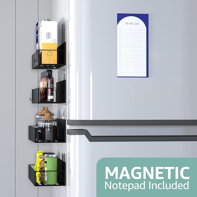 Metal Magnetic Spice Rack for Refrigerator – 4 Pack Strong Magnet Organizer Shelves with Notepad – Black Heavy-Duty Spice Storage for Kitchen, Pantry, Laundry, Apartment, RV