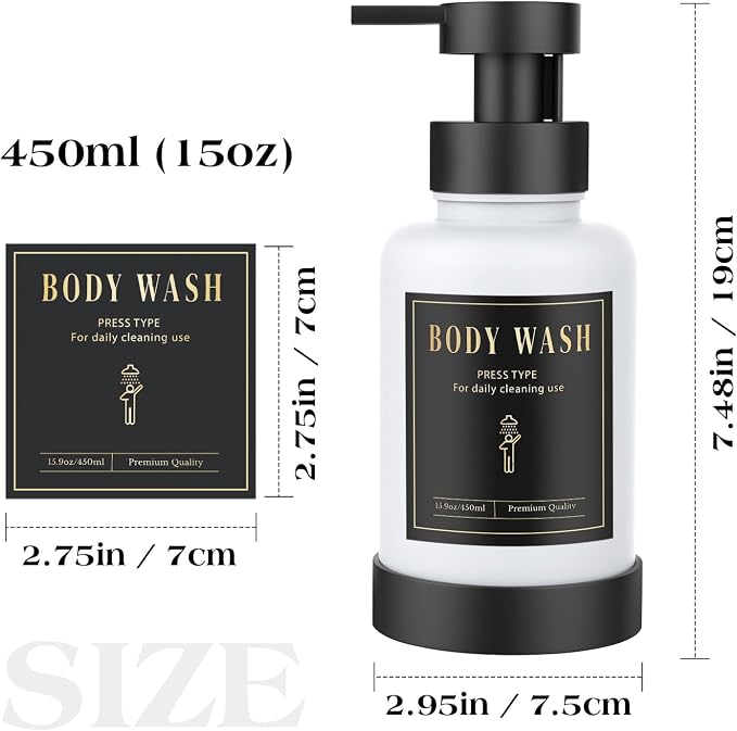 Luxspire Foaming Soap Dispenser, Glass Foam Pump Soap Dispenser, Non-Slip Hand Soap Bottle with 5 Waterproof Labels, 15 Oz Refillable Liquid Soap Bottle for Bathroom & Kitchen, Black+White, 2 Pack