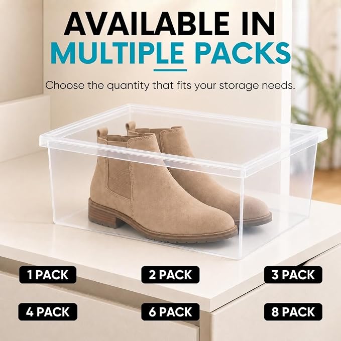 Superio Shoe Box Modern Storage Container 4 Pack - 6.5 Quart/6 Liter, Stackable Plastic Shoe Box Organizer (13.5"L x 8.35"W x 5.2"H)