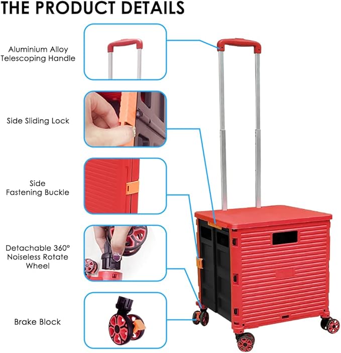 SELORSS Foldable Utility Cart Portable Collapsible Crate Rolling Carts with Wheels Rolling Tote Basket Teacher Cart with Lid Wear-Resistant 360°Rotate Wheel Noiseless for Shopping Storage Office Use