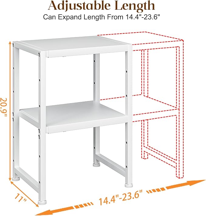2-Tier Expandable Kitchen Storage Shelf,150LBS Heavy Duty Metal Shelving Units For Small Appliance,Adjustable Pots and Pans Organizer Rack Shelves For Kitchen Counter Under Cabinet Garage Pantry,White