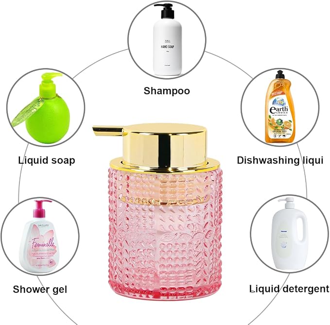 2pcs Glass Foaming Soap Dispenser, Pink Bathroom Foam Hand Soap Dispenser with Gold Pump, Refillable 10 Oz Lotion Shampoo Pump Dish Bottle Container for Bathroom Kitchen Decor