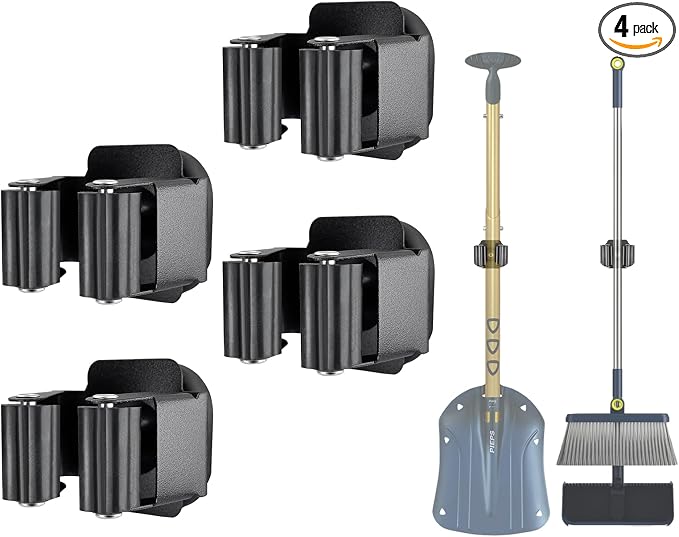 Upgraded Magnetic Broom and Mop Holder Wall Mount, Space-Saving Heavy Duty No Drill Over the Door Broom Gripper RV Camper Wall Organizer,Black,4 Pcs