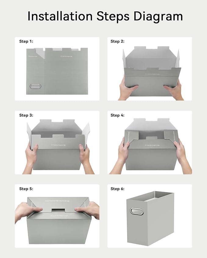 Oterri File Organizer Box, Portable Collapsible Cardboard File Folder Organizer with Handle for Letter Size Hanging Files, Document Storage Box for Home Office & Classroom (6 Packs, Grey)