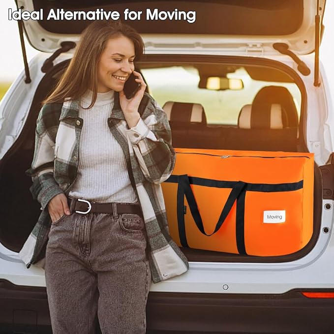 CIVJET 6 Pack Extra Large 90L Heavy Duty Moving Bags with Zippers and Handles - College Packing Bags for Clothes, Storage, Camping Essentials (Orange)