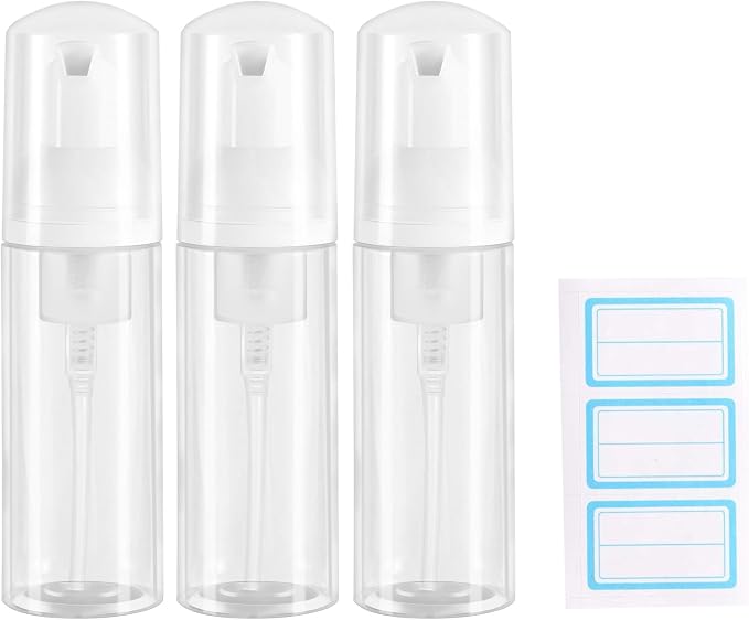 3pcs 2oz Small Size Mousse Plastic Travel Foam Pump Bottle - Portable Foaming Empty Bottle Dispenser for Hand Soap, Shampoo, Lash Cleanser - Well Suited for Travelers Daily Use (60ml)