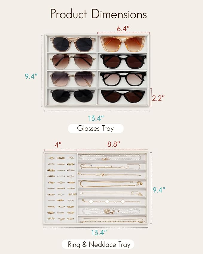 VLANDO Sunglasses Organizer,Stackable Jewelry Tray for Glasses,Beige | Removable Dividers, Soft Velvet Lining, Drawer Organizer for Glasses, Watches, Vanity Display, Gift for Women Girl