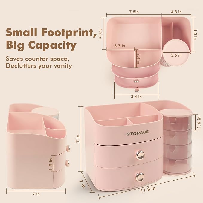 XIAPIA Makeup Organizer Countertop, Make Up Organizer for Vanity | Skincare & Cosmetic Organizers with Drawers, Bathroom Storage for Brush Holder|Lipstick|Jewelry, Ideal Gift for Women, Pink