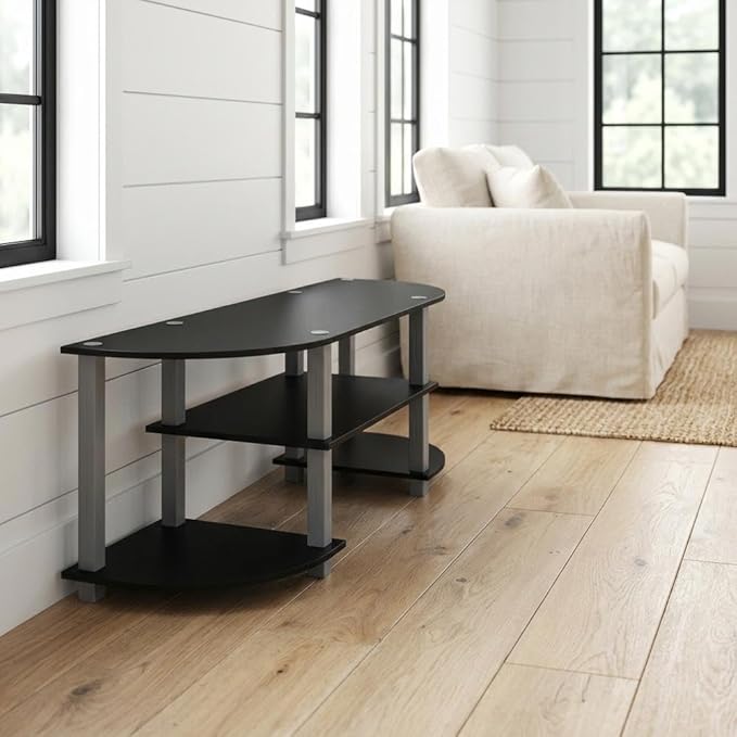 Furnifact Grey and Black TV Stand with Wide Design, Durable Composite Wood and PVC Tubes, Modern Entertainment Center for Living Room, Media Storage