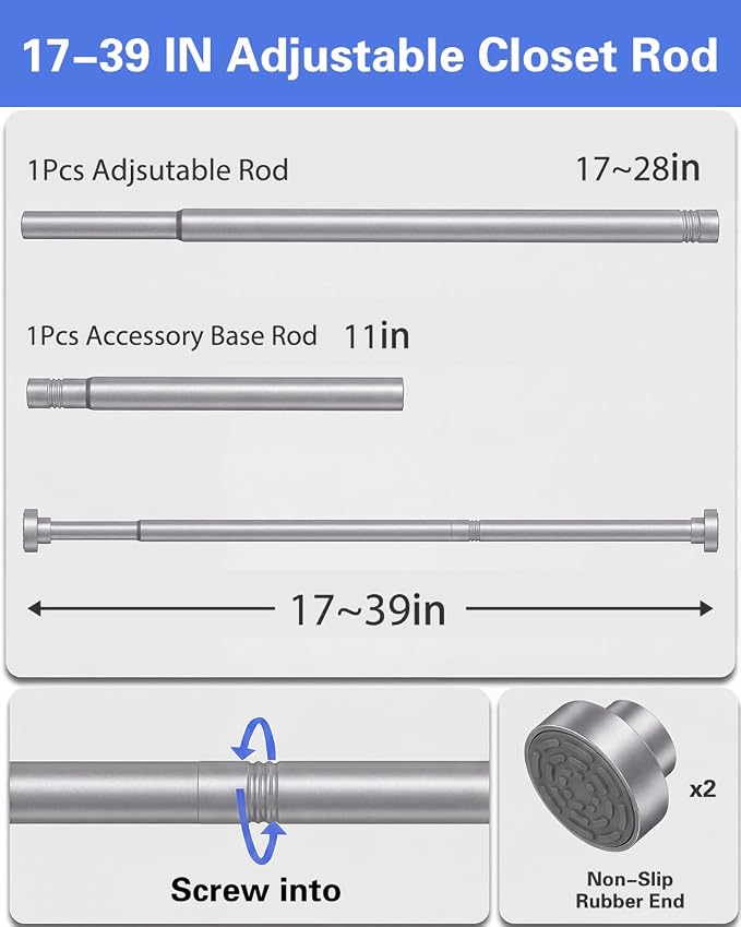 Closet Rod, No Drill Tension Closet Rod for Hanging Clothes, 17-39in,Silver | Quick Tool-Free Install, Non-Slip Rubber Ends Grip Securely, Heavy-Duty Rod Supports Up To 66 lb In Closet, Laundry Rooms, RV