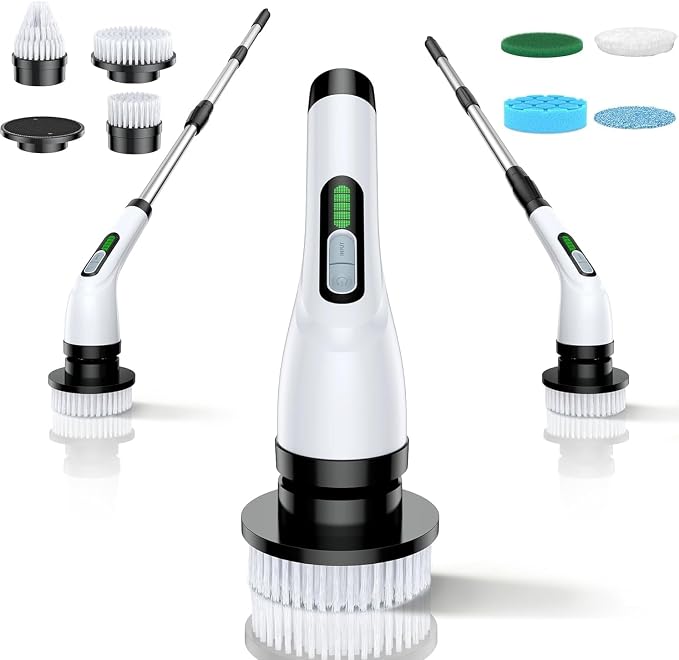 Electric Spin Scrubber for Bathroom: Shower Scrubber with Long Handle | Dual Speed Cordless Power Cleaning Scrub, 7 Brush Heads, IPX7 Waterproof Heavy Duty Cleaner Tools for Tub Tile Grout Wall