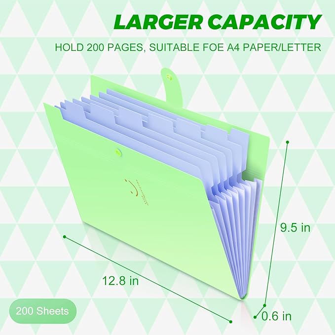 Expanding File Folder, 8 Pockets Accordion File Organizer, A4 Letter Size Paper Document Receipt Organizer Accordian Filing Folder for Classroom, Home, Office and Travel(Grass Green)