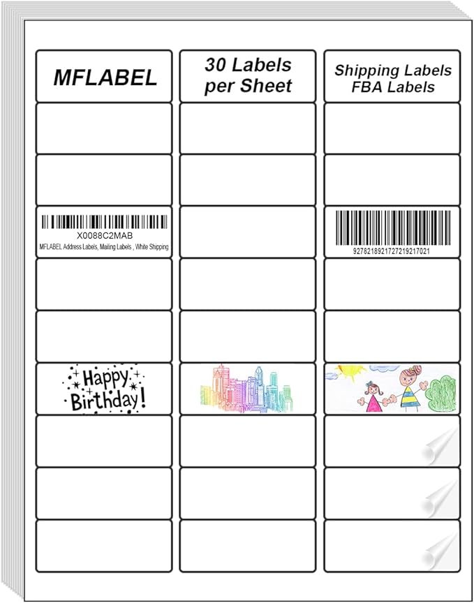 MFLABEL Address Labels 1x2.625 Inch - 30 Per Sheet White Matte Mailing Labels for Laser & Inkjet Printers (750 Labels, 25 Sheets) - Strong Adhesive Shipping Stickers