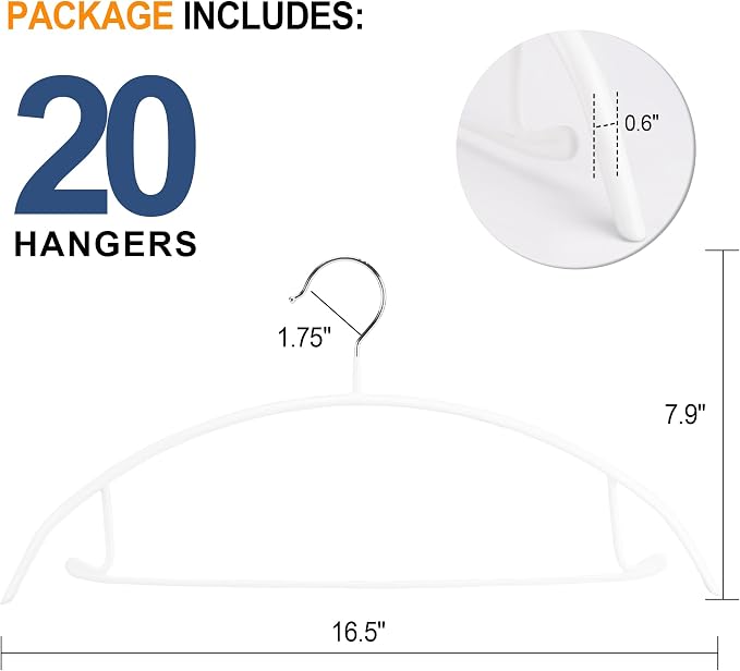 Sweater Hangers No Shoulder Bump, Non-Slip Rubber & Rust-Free Metal | Heavy Duty and Ergonomic Curved for Closet Clothes like Suits Coats Pants Dresses or Shirts, Set of 20, White Coated