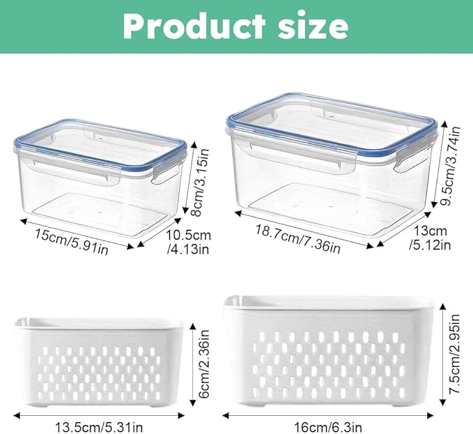 2-Pack Refrigerator Storage Containers with Removable Colander Baskets, Fridge Organizer Box for Fruits Vegetables, Keep Fresh & Tidy, Space Saving Kitchen Food Storage Container Set