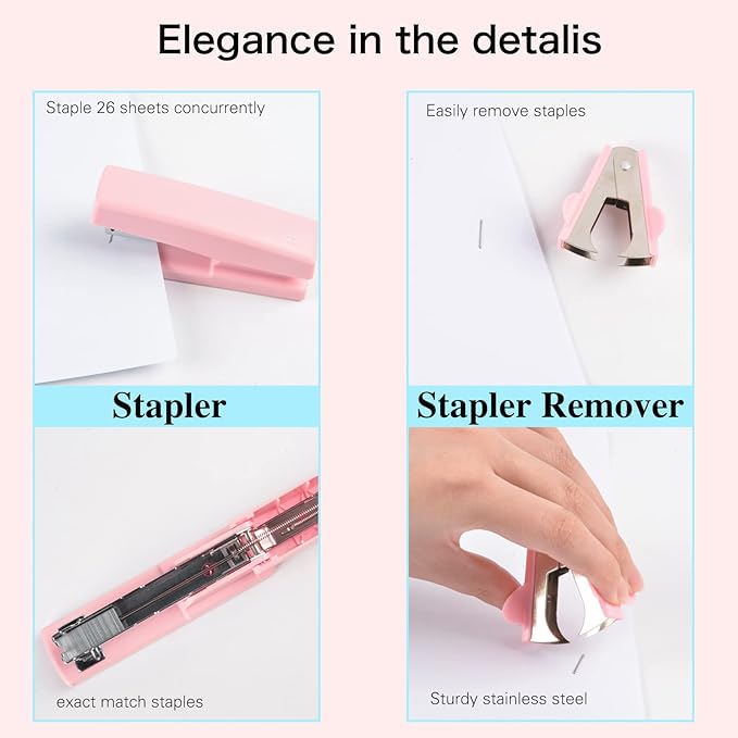 ChezMax Pink Desk Accessory Kit Includes Stapler with Staples Staple Remover Tape Dispenser Transparent Tape Scissors Push Pins Paper Clips Binder Clips Single Hole Punch Telescopic Knife Tape Measure