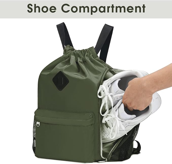 WANDF Drawstring Backpack with Shoe Compartment, Sports Gym Bag | Multi-Pocket Storage, Water-Resistant Fabric, Cinch String Bag