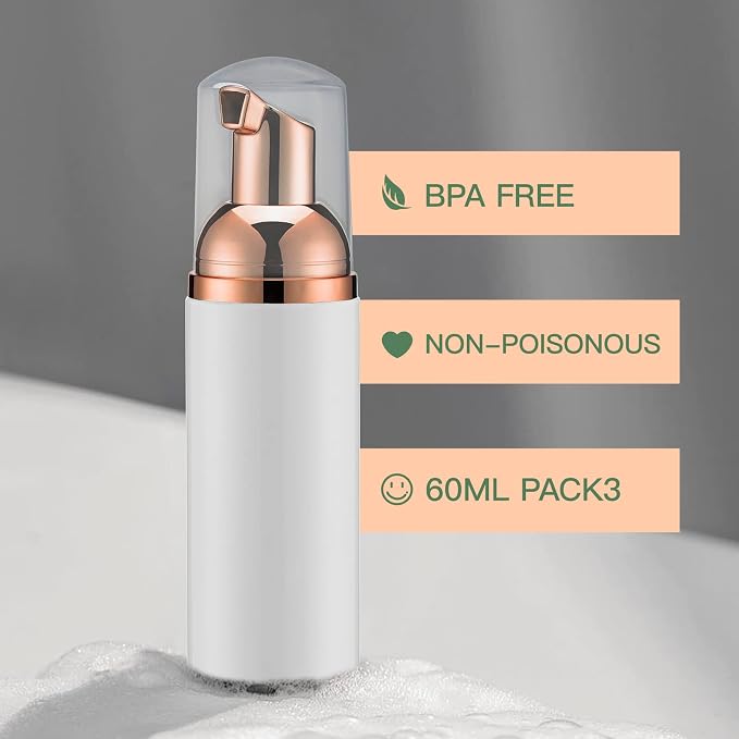 Travel Foam Pump Bottle - 2oz Small Size Foaming Hand Soap Dispenser - Mini Portable Mousse Lash Shampoo Kit Container for Hair - Empty Leak Proof Rose Gold &Black,White,Pink Foamer 3Pack