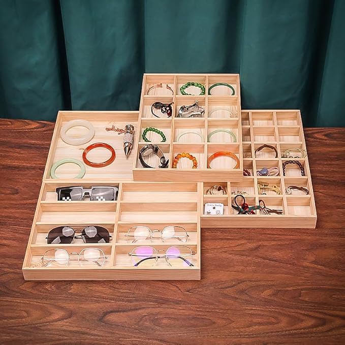 The Display Guys - Stackable Jewelry Tray and Organizer - for Drawers, Dressers, Store Display (30 Compartments, Natural Wood)