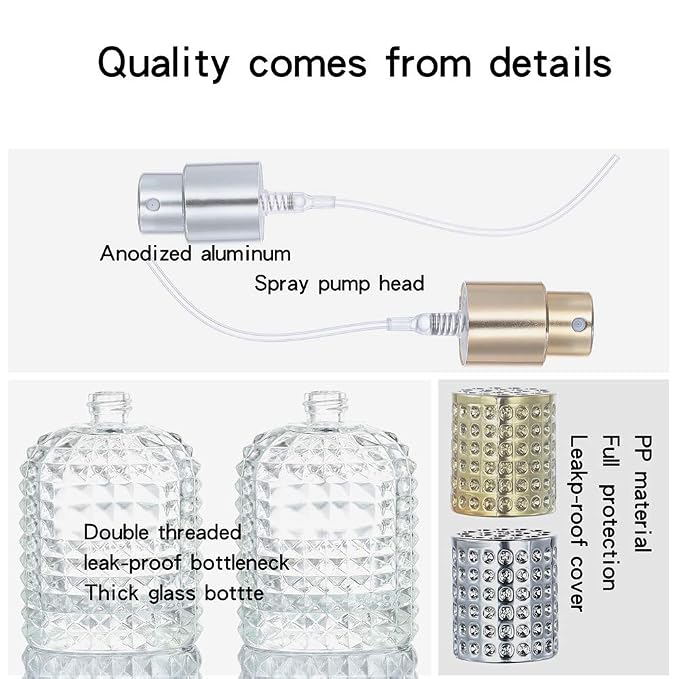 2 Pack 50ml Thick Empty Clear Glass Fine Mist Spray Luxury Refillable Perfume Bottles Atomizer Spray Bottle with 4 kinds of perfume dispenser (Silver cap and Gold cap)