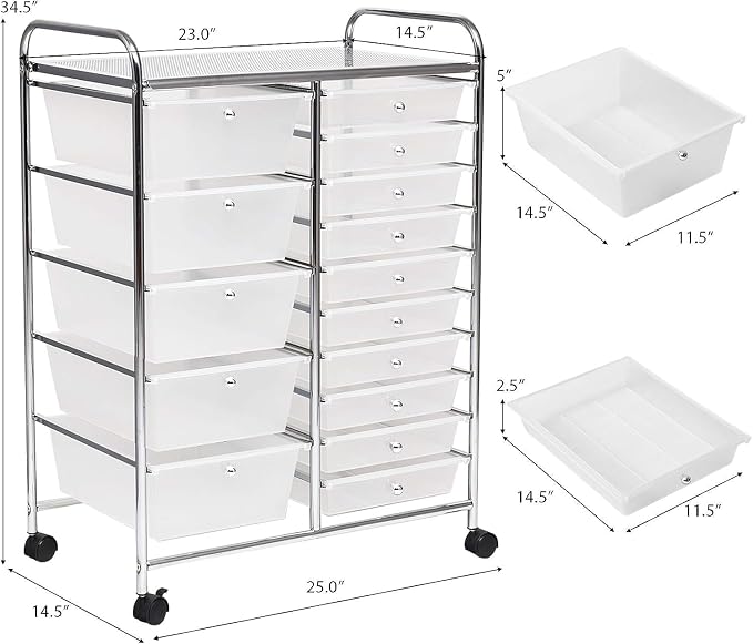 LUARANE Rolling Cart with 15 Drawers, Craft Storage Cart with Portable Handles & Lockable Wheels, Mobile Toys Organizer, Large Capacity Utility Drawer Cart Home Office School Teacher (Clear)