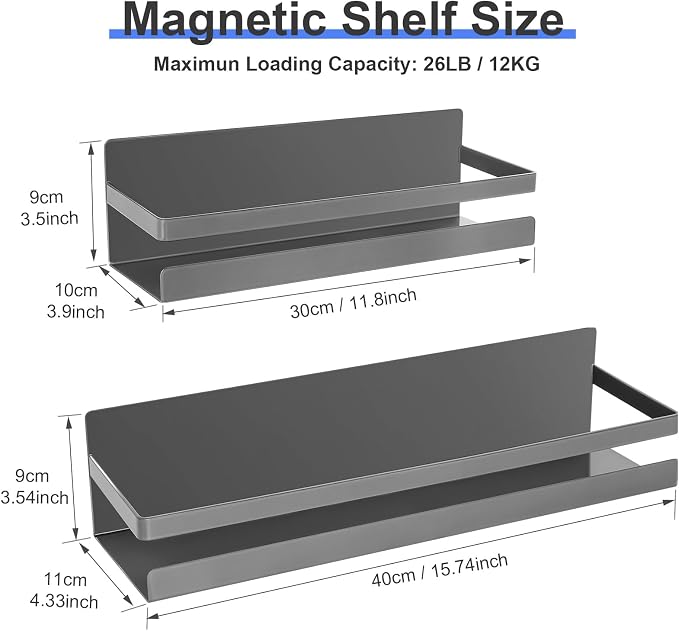 Uten Magnetic Spice Rack for Refrigerator 2 Pack, Kitchen Spice Organizer | Heavy Duty Metal Magnetic Schelves, Capacity of up to 23lbs, Muti-Use for Kitchen, Washing Machine, 16"*4.5" and 12"*4", Gray