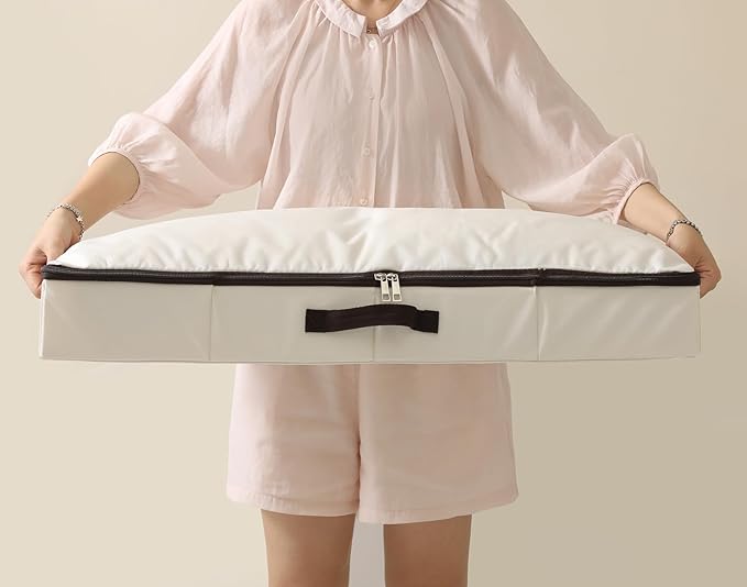 Low Profile Under Bed Storage Containers with Clear Label Holder | Foldable Sturdy Underbed Storage Boxes, Closet Organizers for Seasonal Clothes, Bedding, Shoes (Beige, 29.5*15*4")