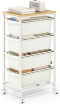 Slim Rolling Storage Cart with 4 Drawers, Craft Organizer, Wooden Tabletop Utility Cart for Bedroom, Children's Room and Office Organization, Table Side Trolley with Lockable Wheels, White