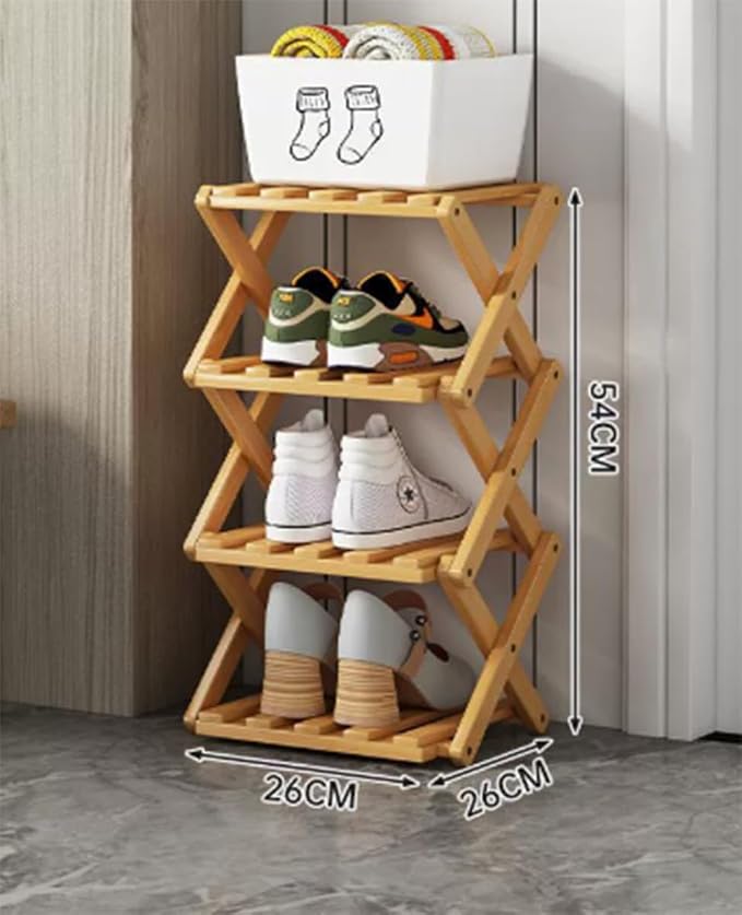 Foldable Shoe Rack, Tier No-Assembly Bamboo Rack, 2026 New Portable Bamboo Corner Shoe Rack, Multifunctional Narrow Shoe Shelf for Entryway, Closet, Corner, Bedroom (4 Layers)