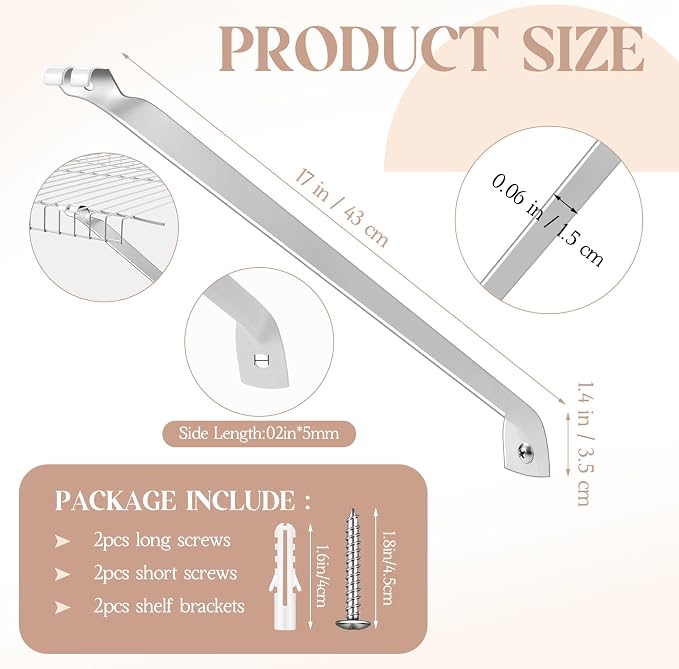 2 Pcs Support Brackets for 12in Wide Shelving Wire Wire Shelf Brackets Closet Rod Bracket Closet Support Bracket with Anchors and Pins for Installation Wires Shelving Supports Closets