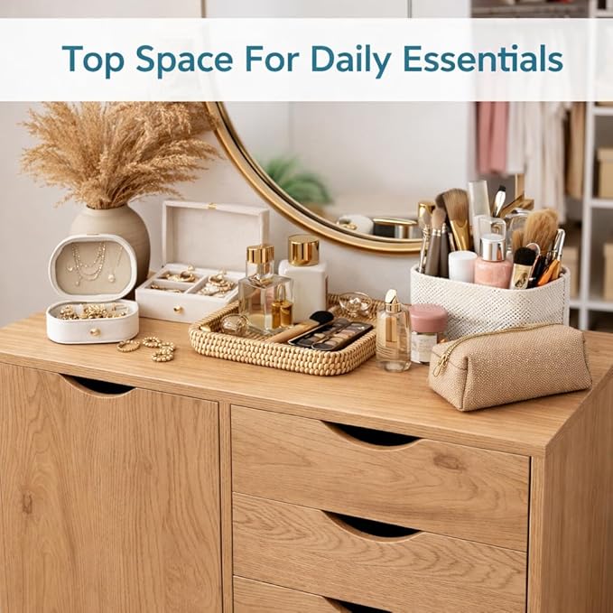 Naomi Home Wooden 5 Drawer Dresser with Cabinet Shelves and Wheels, Drawer Dresser for Bedroom Closet and Dressing Room Storage in Natural
