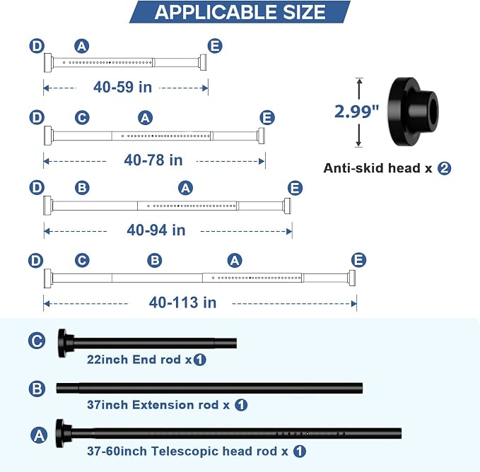 Long Tension Curtain Rod 40-113inch Black Shower Curtain Rods no Drilling Adjustable Tension Rod for Windows,Shower,Patio,Doorway,Heavy Duty Spring Rods Diameter 1.26inch